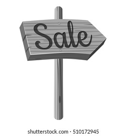 Wooden direcrion sign with Sale inscription icon. Gray monochrome illustration of wooden sale direcrion sign vector icon for web