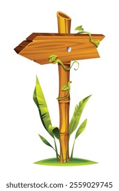 Wooden direction with bamboo post pointing left, surrounded by tropical plants and hanging vines. Vector cartoon illustration