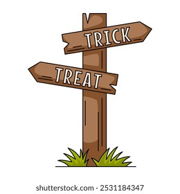 Señal de dirección de madera, puntero con frase de Halloween truco o trato. Elemento simple plano de Vector, ilustración en color. Para el logotipo, etiqueta engomada, impresión, Diseño web, scrapbooking