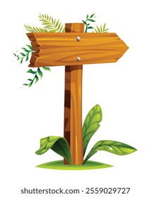 Wooden direction signpost pointing to the right with leaves and plants sprouting from the top and bottom. Vector cartoon illustration