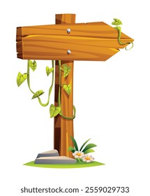 Wooden direction signpost pointing to the right with hanging vines and stones at the base. Vector cartoon illustration