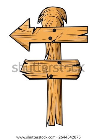 A wooden directional sign, a blackboard for inscriptions, a wooden sign on a white background.