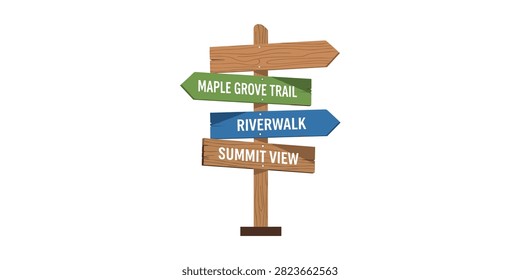 A wooden directional signpost with multiple colored planks indicating different trails and locations on a white background.