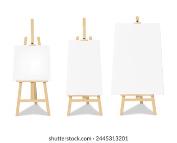 Wooden display easel stand with white blank poster board. Vector mock-up set. Folding white chalk board banner sign standee mockup