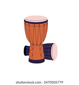 Wooden djembe icon. Jembe, goblet drum, bongo. Ancient traditional African percussion instrument. Leather membranophone to play music, rhythm. Flat isolated vector illustration on white background