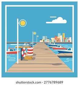 A wooden dock extending into water with moored boats, lifebuoys, and nautical signage under a clear blue sky