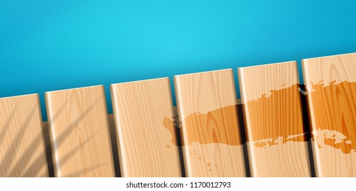 Wooden dock with palm shadow and water stain at sea surface. Wet pier at ocean or wood boards at clear beach or lake. Summertime and resort, tropical and seaside, maritime theme