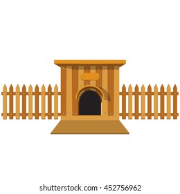 Wooden dog house with a fence isolated on white background.