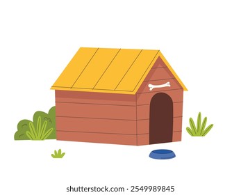 Wooden dog house, dog kennel with bowl