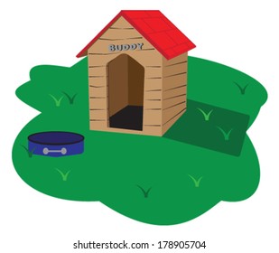 wooden dog house with red shingle roof and empty food bowl