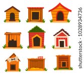 Wooden dog house set, dogs kennel cartoon vector Illustrations