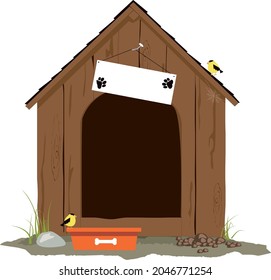 Wooden Doghouse With Clean Sign For Dog Name And A Bowl, EPS 8 Vector Illustration