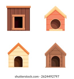 Wooden doghouse icons set cartoon vector. Small cute empty dog house. Wood booth