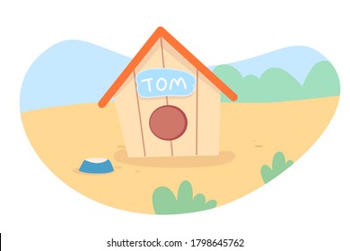 Wooden doghouse with nameplate Tom, food bowl. Background with dog kennel or booth at back yard. Building for domestic doggy outside. Vector flat illustration of keeping pet, taking care of animal