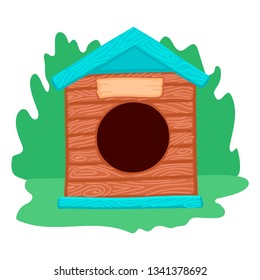 Wooden doghouse with a round hole. Street house for dogs. Roof for pet. Nameplate. Vector illustration.