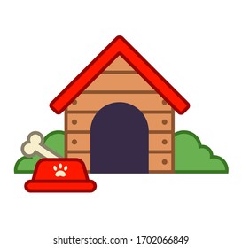 Wooden Doghouse In The Village. Flat Vector Illustration.