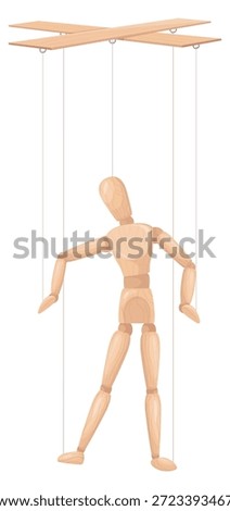Wooden doll hanging on strings. Manipulation cartoon icon