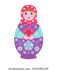 Holzpuppe Matryoshka mit Herz. Valentinstag. Gemalte russische Puppe. Holzspielzeug. Vektorgrafik, einzeln auf Hintergrund.