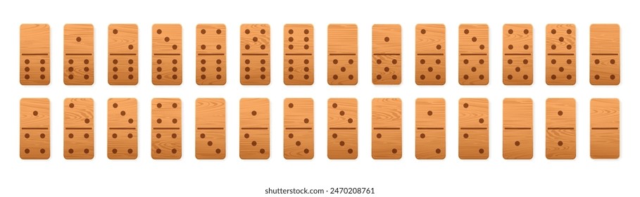 Wooden domino tiles icon full set. Realistic wood dominoes bones. 28 pieces for game graphic element. Vector illustration EPS 10