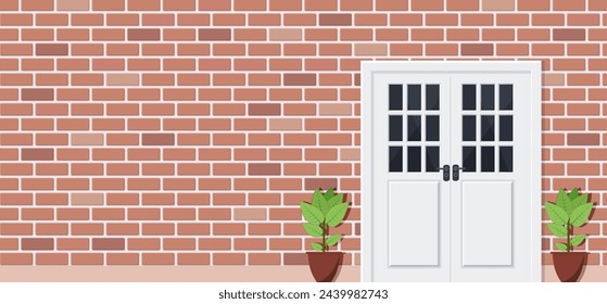 Wooden door of brick house front view, architecture background, building home real estate backdrop. Vector illustration in flat style