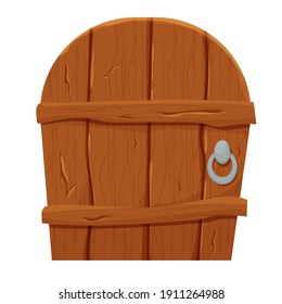 Wooden door in cartoon style, comic isolated on white background. Fantasy entrance, outdoor interior, mediaeval or fairy element. Ui game assets. 