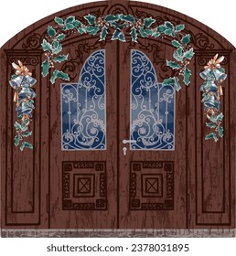 Wooden door decorated with Christmas garland with bells, art deco, massive decorated door, very ornamented, iron arc gate door texture vector, flat template