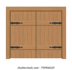 Wooden door gate, Interior apartment closed double-door with iron hinges, Realistic vector Illustration