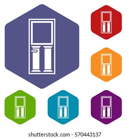 Wooden door with glass icons set rhombus in different colors isolated on white background