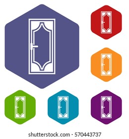 Wooden door with glass icons set rhombus in different colors isolated on white background