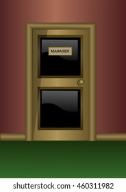 Wooden door with glass and a Manager sign. Office door. Vector Illustration