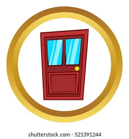 Wooden door with glass vector icon in golden circle, cartoon style isolated on white background