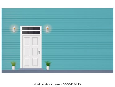 wooden door of house front view with lamps. architecture background