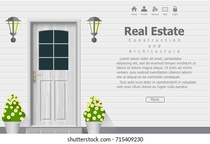 Wooden door of house front view, architecture background, building home real estate backdrop. Vector