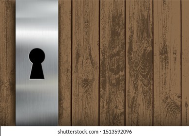 Wooden door with a metal lock and keyhole. Vector background