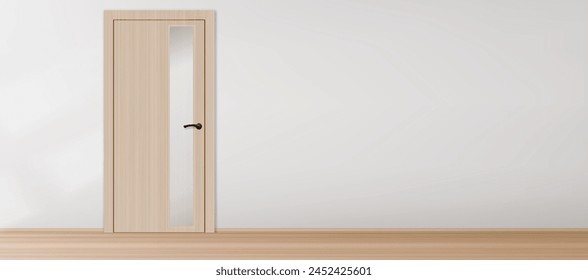 Wooden door on empty wall background. Vector realistic illustration of modern room interior design, light brown doorway with black doorknob, home, office, shop corridor, classic architecture template