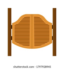 Wooden door to saloon bar isolated on white background. Element of facade building architecture design in Wild West. Vector flat illustration of american western house traditional cowboy style