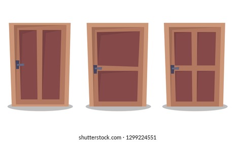 Wooden door set, Interior apartment closed door with iron hinges, vector Illustration