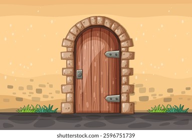 A wooden door set in a stone archway