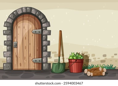 Wooden door, shovel, bucket, and logs outside
