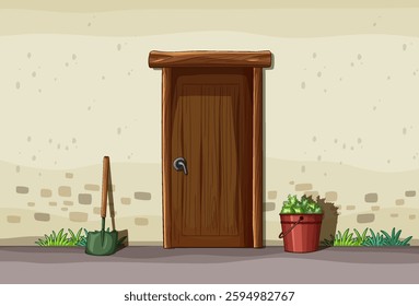 Wooden door with shovel and potted plant