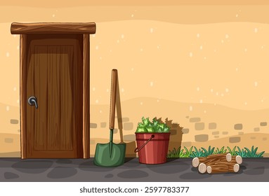 Wooden door, shovel, potted plant, and logs outside