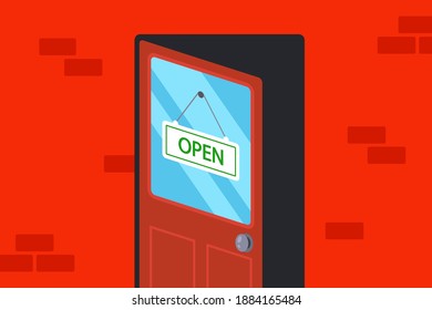 wooden door with a sign open. flat vector illustration.