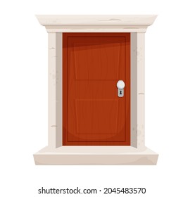 Wooden door stone door frame in cartoon style isolated on white background. Closed modern entrance. Element for decoration.