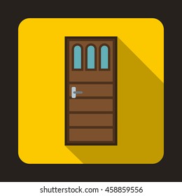 Wooden door with three glasses icon in flat style on a yellow background