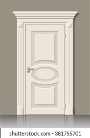 Wooden door in vector graphics on the wall in the interior of the room