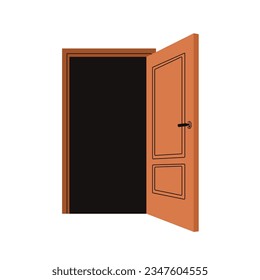 Wooden door wide open. Exit, entrance. Unlocked entry to house, home, room, apartment. Wood doorframe for entering, accessing. Flat vector illustration isolated on white background