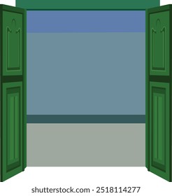 Wooden door wide open. Exit, entrance.  Flat vector illustration isolated on white backgroun. Green stylish open door vector design for  cartoon animation