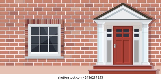 Wooden door and Window on brick house front view, architecture background, building home real estate backdrop. Vector illustration in flat style