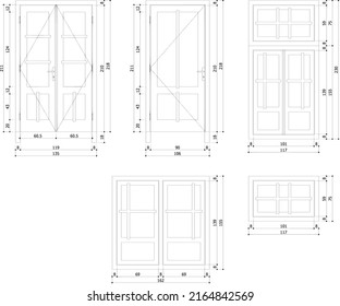 wooden door and window sketch with dimensions