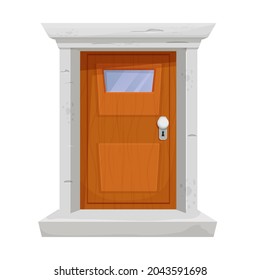 Wooden door with window, stone door frame in cartoon style isolated on white background. Closed modern entrance. Element for decoration.